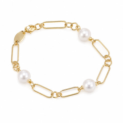 8–9mm freshwater pearl chain bracelet with gold-tone rectangular links and 3 pearls.