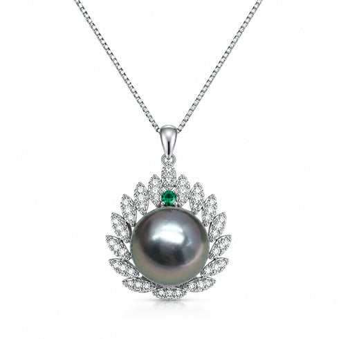 Tahitian Pearl Floral CZ Pendant Necklace in Sterling Silver by House of Pearls - MZ, 10–11mm pearl with emerald CZ