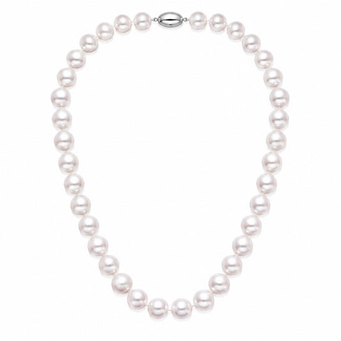 Pearl necklace, 9-12mm graduated white freshwater pearls with silver clasp