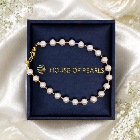Pearl bracelet, 5–6mm freshwater pearls on a gold dainty station chain, House Of Pearls - TA