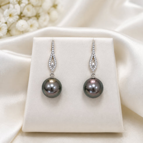 Tahitian Pearl Pavé Swirl Hook Earrings, silver setting with diamond pavé, two dark Tahitian pearls
