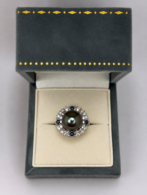 Ring 11–12mm Tahitian pearl sapphire halo by House Of Pearls XM, diamond halo with blue sapphires