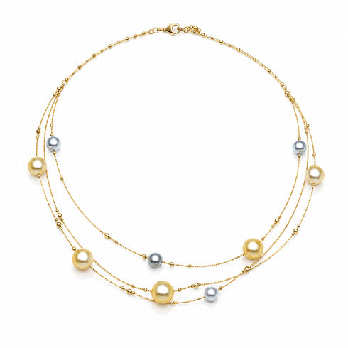 3-layer Seawater & Golden South Sea Pearl Necklace on gold-tone chain