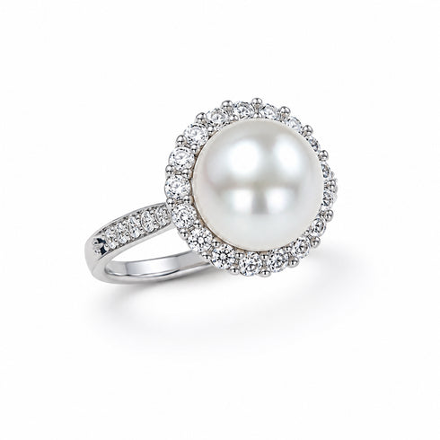 House Of Pearls White South Sea Pearl ring with a halo of Cubic Zirconia stones in silver setting