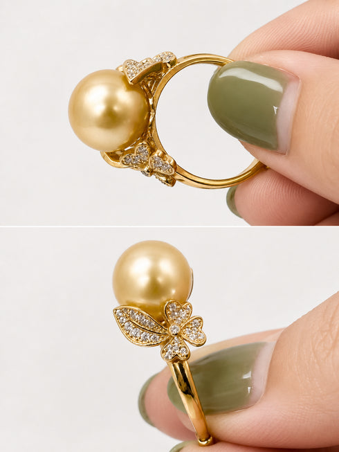 11–12mm Golden South Sea Pearl Floral Ring with diamond-accented petals