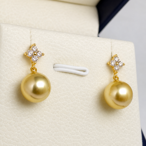 10–11mm Golden South Sea Pearl Clove Earrings pair with diamond flower tops, House Of Pearls XM