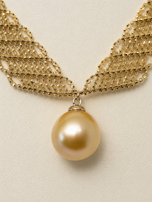 13-14mm South Sea Golden Pearl Lace Necklace by House of Pearls - MZ; gold bead chain with a large golden pearl pendant