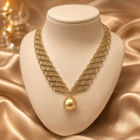 13-14mm South Sea Golden Pearl Lace Necklace on a gold-tone chain with a single pearl pendant
