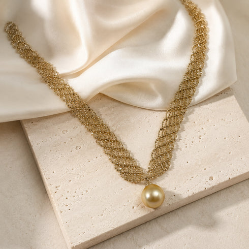 13-14mm South Sea Golden Pearl Lace Necklace with gold-tone chain