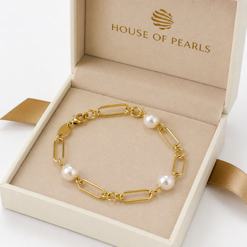 Bracelet: 8–9mm freshwater pearl chain with gold-tone links, House Of Pearls - LC