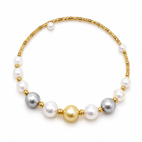 Bracelet Smile Golden South Sea & Akoya Pearl Bangle with gold-tone spacers and white/golden pearls