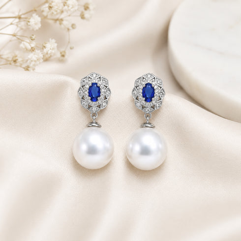 11-12mm Freshwater Pearl & Blue Gem Earrings in a silver-tone setting with pavé accents, pair.