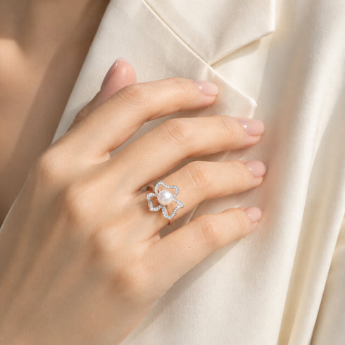 Ring: Aurora White Freshwater Pearl Floral Ring, pearl-centered flower with pavé petals by House Of Pearls
