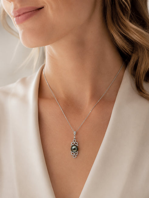 Necklace: 10-11mm Tahitian pearl floral CZ pendant in sterling silver, House of Pearls - MZ