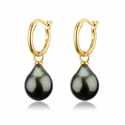 10-11mm Tahitian Pearl Hoop Drop Earrings, pair in gold-tone metal with dark teardrop pearls