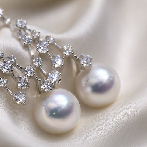 Pair of 8-9mm freshwater pearl CZ celestial drop earrings in silver-tone setting by House of Pearls-JT