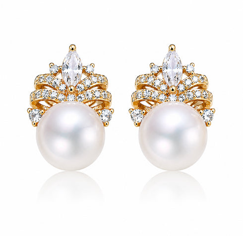 Zirconia Crown Pearl Stud Earrings, gold-tone with crystal accents and white pearls, pair, House of Pearls-JT