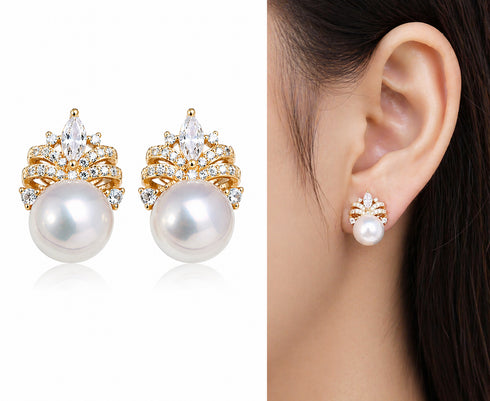 Zirconia Crown Pearl Stud Earrings, gold-tone with crystal accents and large white pearls (pair)