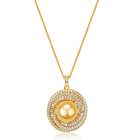 Pendant necklace with a 12–13mm golden South Sea pearl surrounded by a crystal halo.