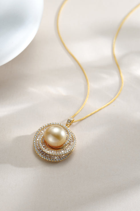 Necklace: Gold South Sea pearl crystal-halo pendant with 12-13mm pearl, House of Pearls - MZ