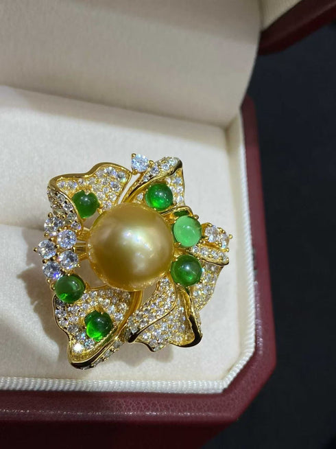 12mm Golden South Sea Pearl Flower Ring by House of Pearls - MZ, gold setting with pavé diamonds and green accents.