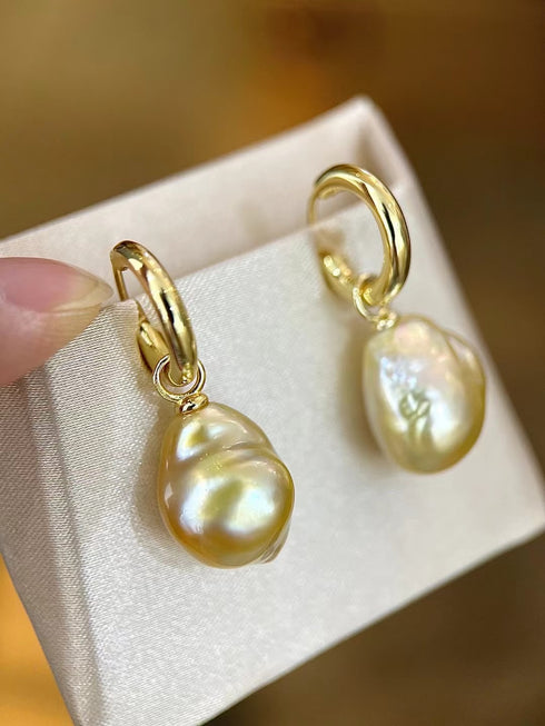 13-14mm Golden South Sea Baroque Pearl Hoop Earrings
