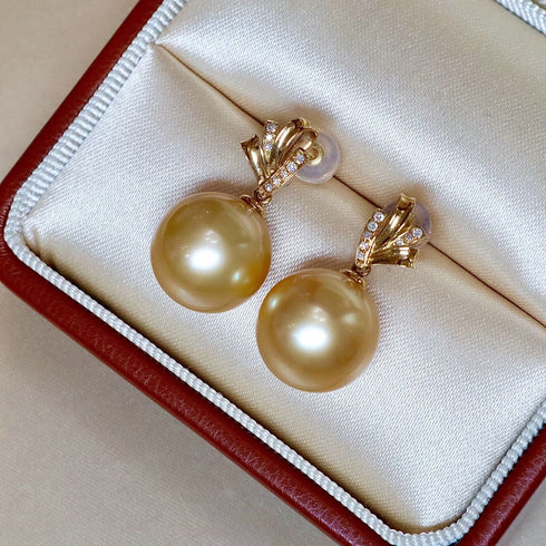Audrey Earrings: Golden South Sea pearl drops in 18K gold with diamond accents, 2pc set by House Of Pearls - FT