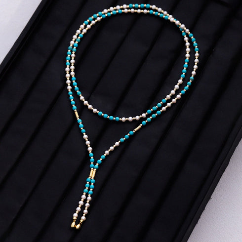 Turquoise and Pearl Beaded Long Necklace