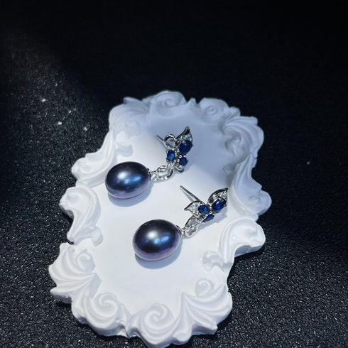 Peacock Black Teardrop Freshwater Pearl Butterfly Earrings