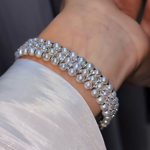 4-5mm Triple Strand Freshwater Pearl Cubic Zirconia Bracelet