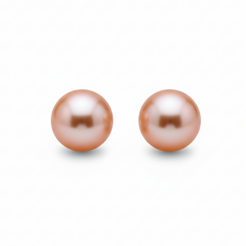 Pair of 13–14mm peach-pink Sunrise pearl stud earrings by House Of Pearls - JG