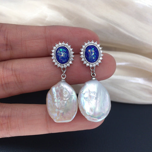Coin Baroque Freshwater Pearl Drop Blue Opal Accent Earrings - Earrings made with hand-selected pearls from House of Pearls