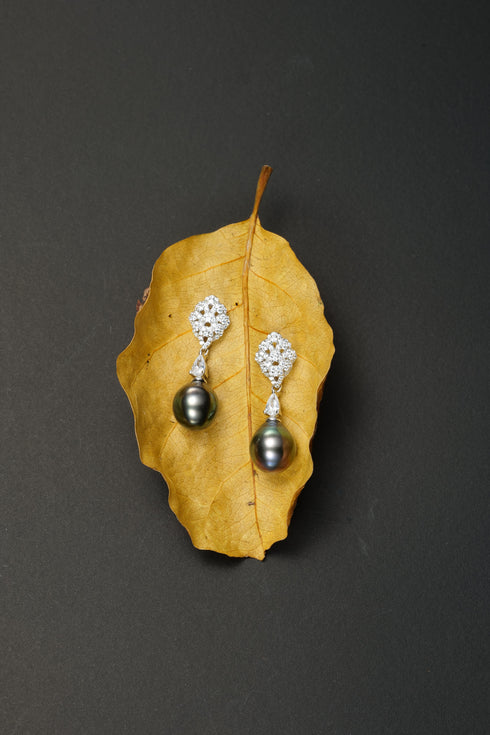 10–11mm Tahitian Pearl Pavé Drop Earrings by House Of Pearls with diamond pavé accents.