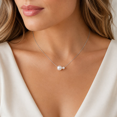 Dual Freshwater Pearl Pendant Necklace with two white pearls on a silver chain