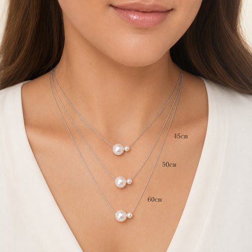 Three-layer silver-tone freshwater pearl pendant necklace set with double pearls, House Of Pearls - TA