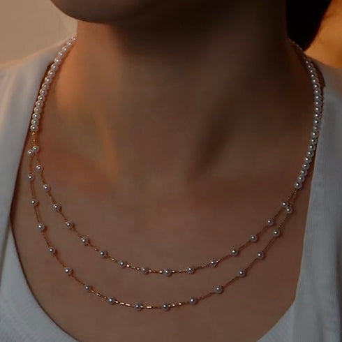 Freshwater Pearl double-layer cascade necklace, 5–6mm pearls on a sterling-silver chain, House of Pearls-JT