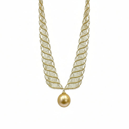 South Sea Golden Pearl Lace Necklace by House of Pearls - MZ, gold-tone chain with a 13-14mm golden pearl pendant.