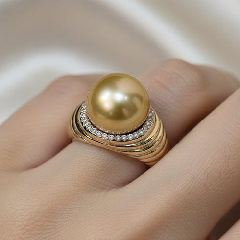 South Sea Golden Pearl Thread Ring by House Of Pearls, 10–11mm golden pearl with pave diamonds on gold bands.