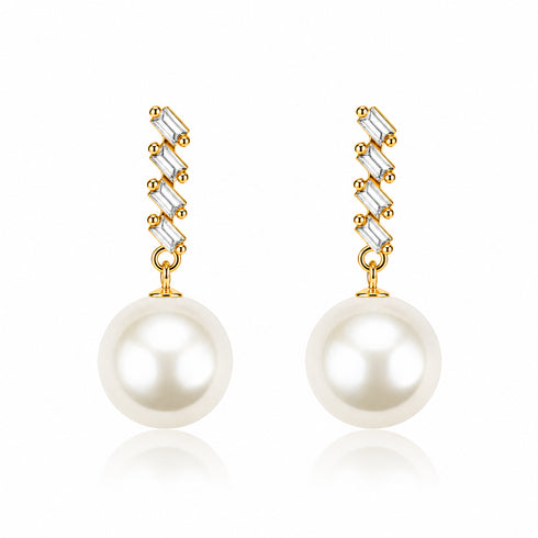 Edison Pearl Geometric Drop Earrings, gold-tone with clear rectangular stones and pearl drops, pair, House Of Pearls - JX