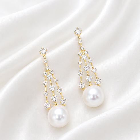 Pair of earrings: 8–9mm freshwater pearl CZ celestial drop on gold-tone chains
