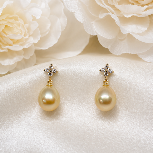 Golden South Sea Pearl Dainty Gold Drop Earrings, pair featuring diamond-flower studs in gold-tone metal.