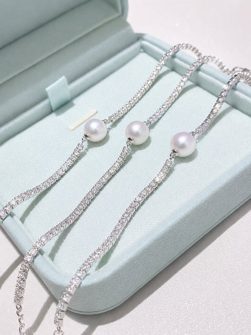 Aurora White Freshwater Pearl Tennis Bracelet set of 3, silver-tone chain with pavé crystals and white pearls