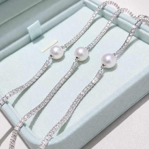 Aurora White Freshwater Pearl Tennis Bracelet set of 3, silver-tone chain with pavé crystals and white pearls