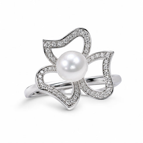 Ring featuring a silver floral petal frame adorned with pave crystals and a central white freshwater pearl