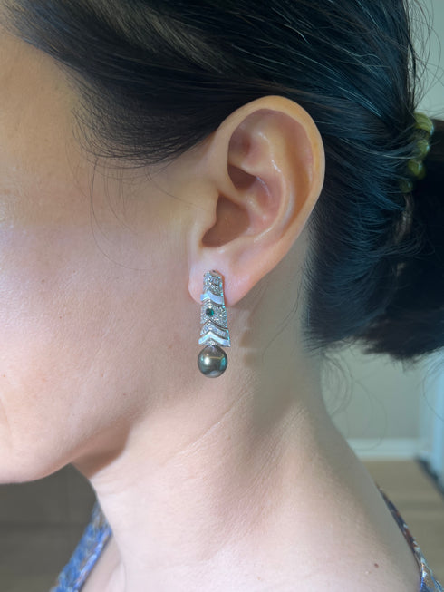 Drop earrings with a 10–11mm Tahitian pearl pendant in a silver-tone, crystal-studded tiered setting