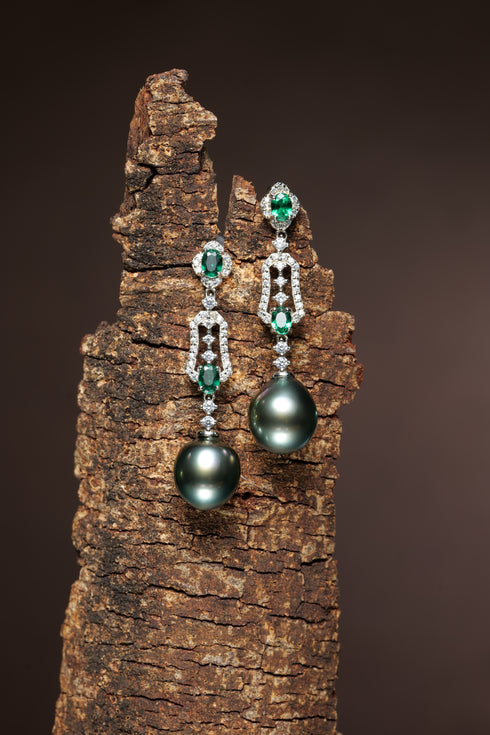 Tahitian Pearl Drop Earrings by House Of Pearls featuring emerald-green stones, diamond halos, and Tahitian pearl drops