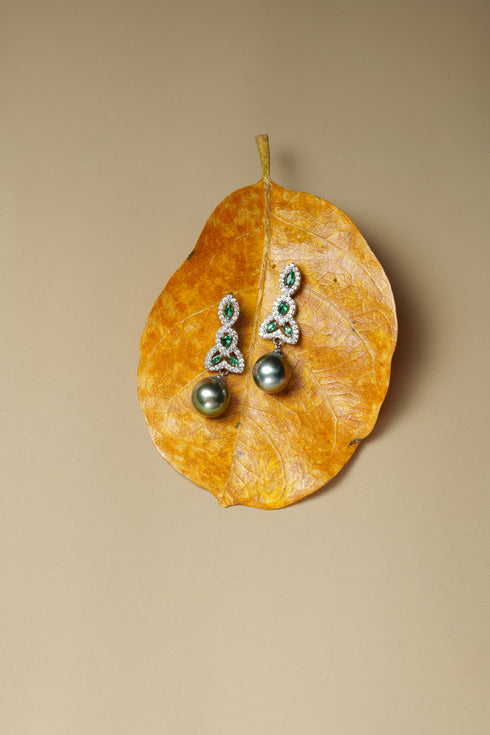 Earrings: Tahitian Pearl Pave Drop earrings with dark pearls and emerald-green stones, pavé halos (2 pcs)