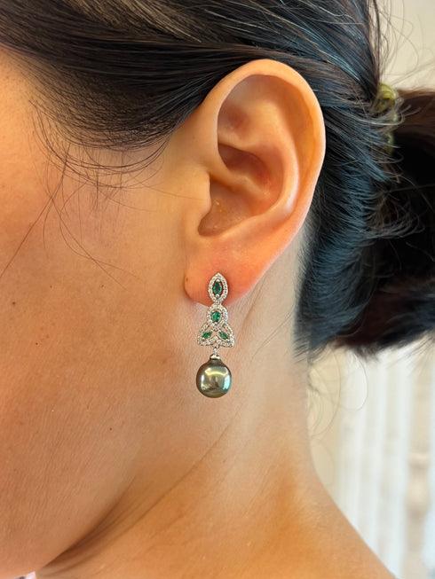 10–11mm Tahitian Pearl Pavé Drop Earrings by House Of Pearls with green accent stones