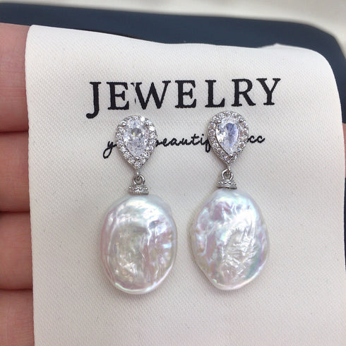 Coin Baroque Freshwater Pearl Drop Sparkling Cubic Zirconia Earrings - Earrings made with hand-selected pearls from House of Pearls