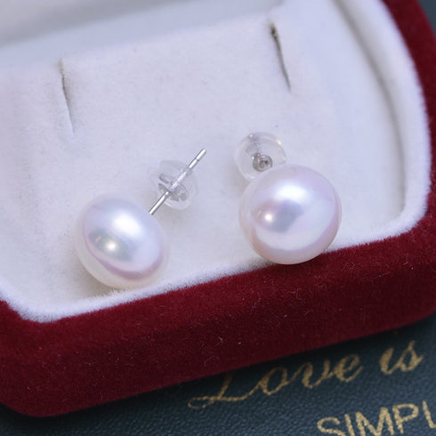 White Button Freshwater Pearl Stud Earrings with silver posts, pair